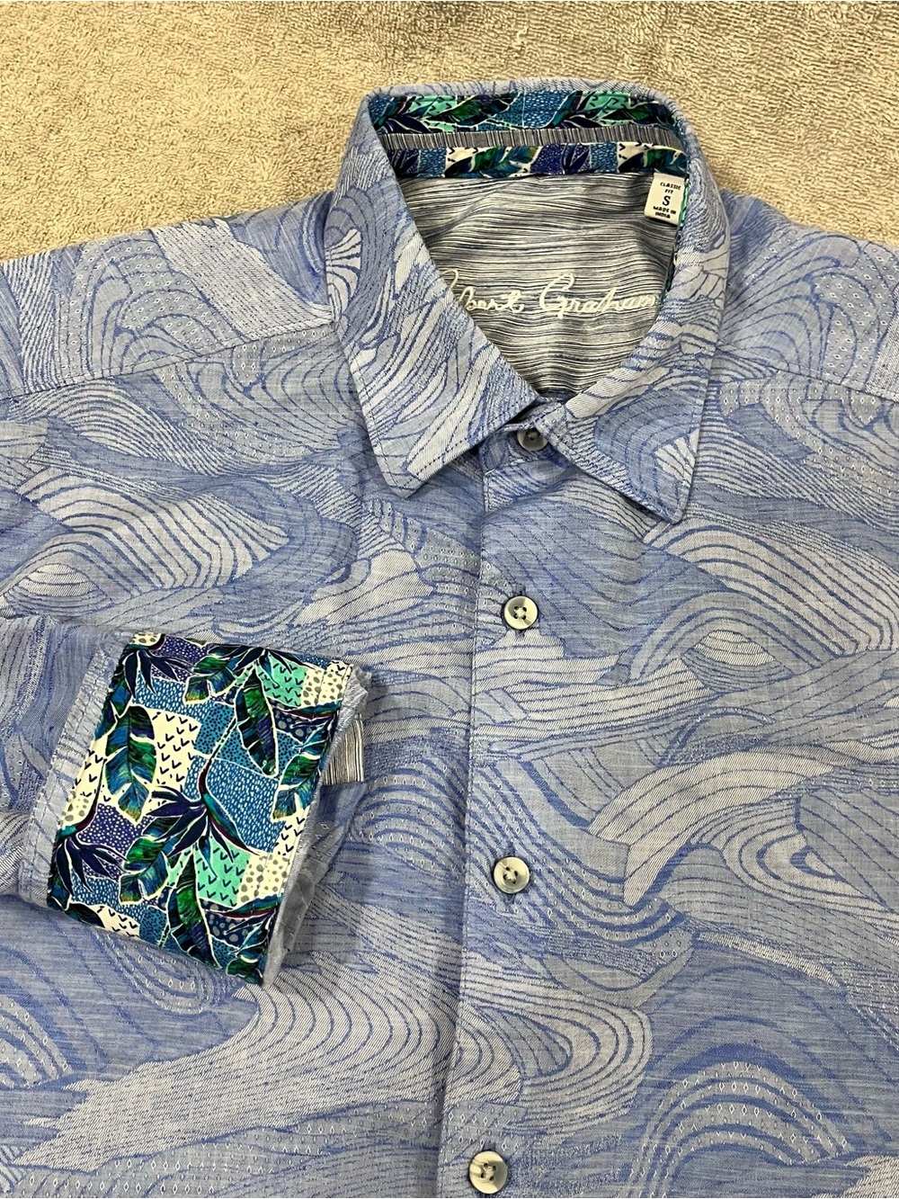 Robert Graham Shirt Mens Small Blue Jacquard Long Sleeve Button Flip Cuff